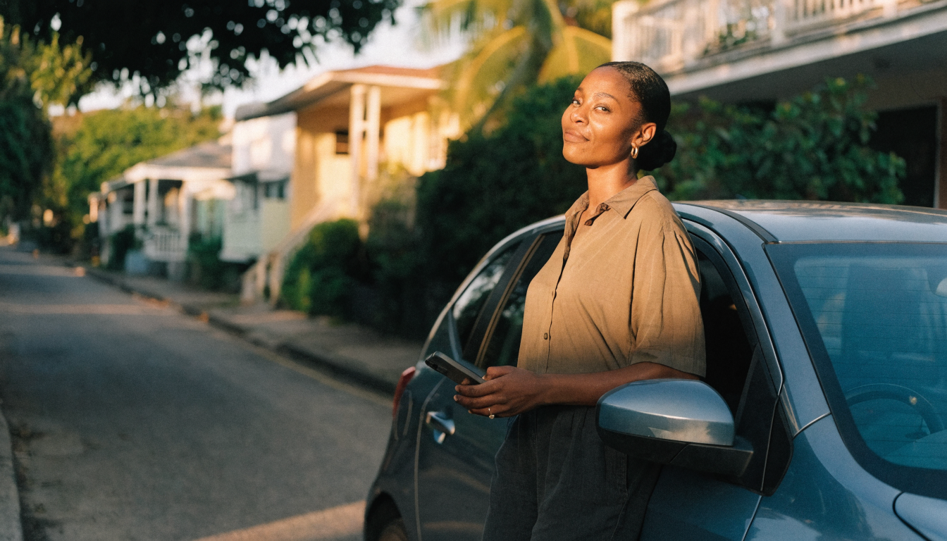 A Jamaican driver beside her car, documents in order
