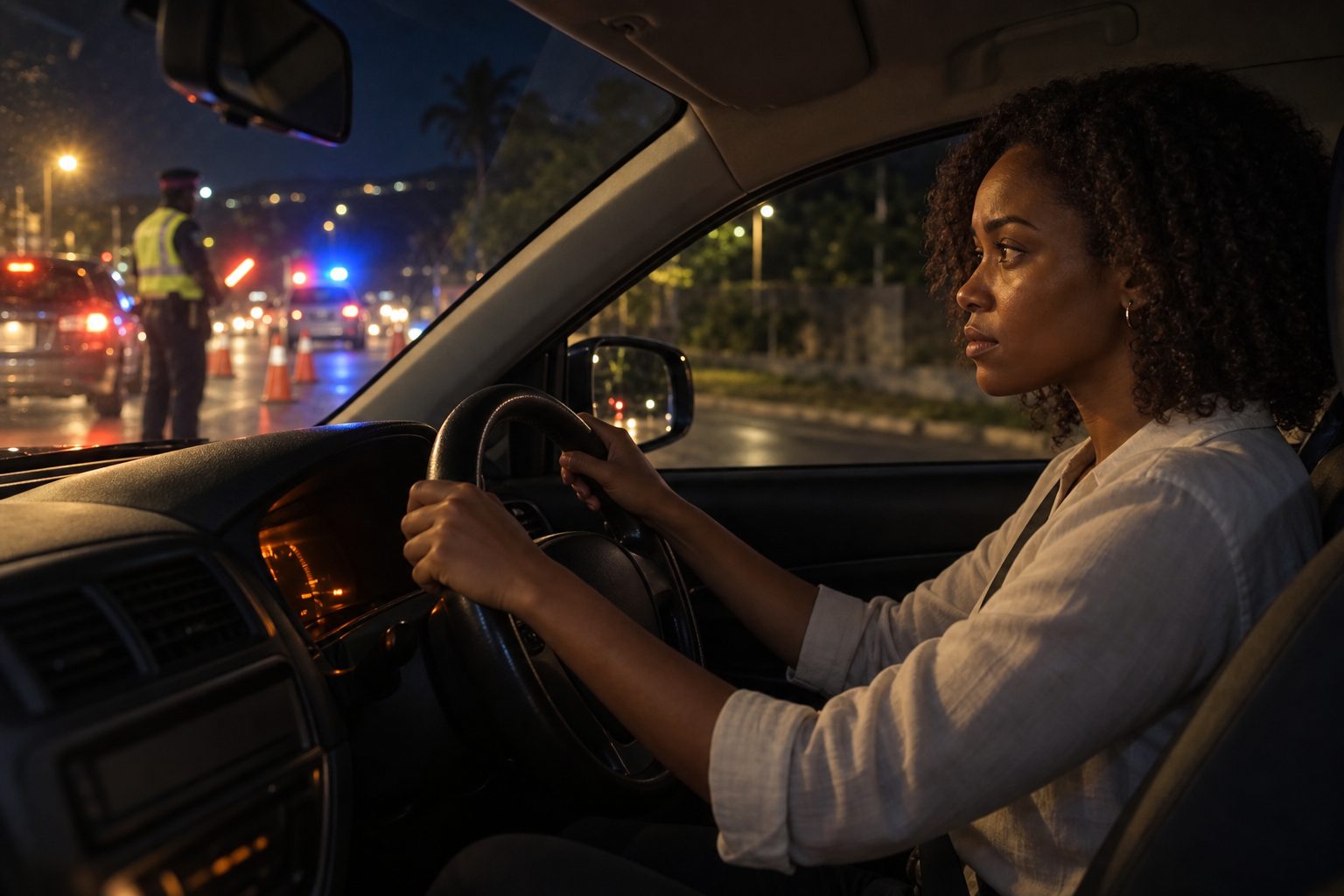Months earlier, at night on the drive home, she slows for a police checkpoint, unsure whether her fitness certificate is current.
