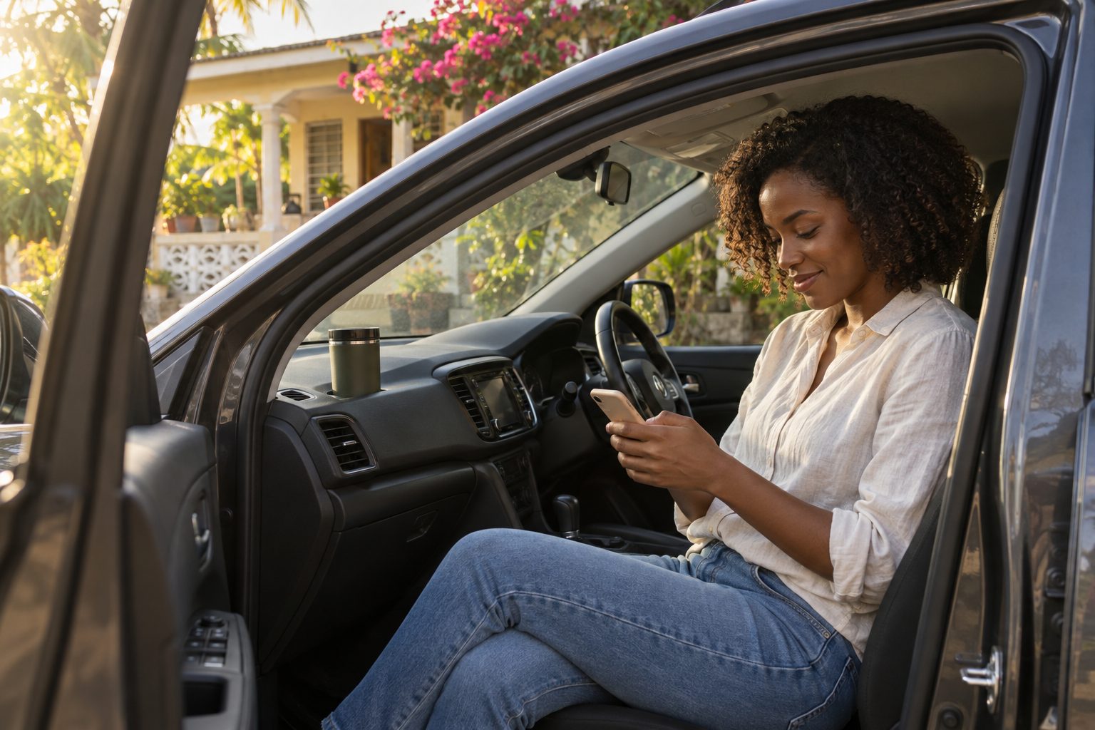 The next morning, parked outside her home with the door open, she adds her plate and sees which papers are current.